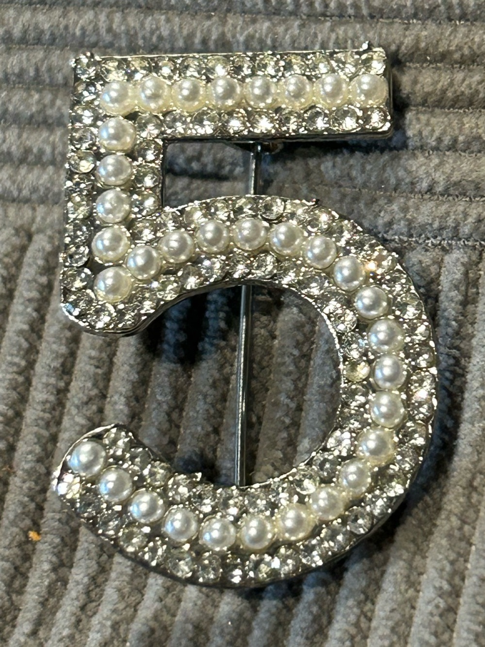 Silver and White Number 5 Faux Pearl & Crystal Brooch